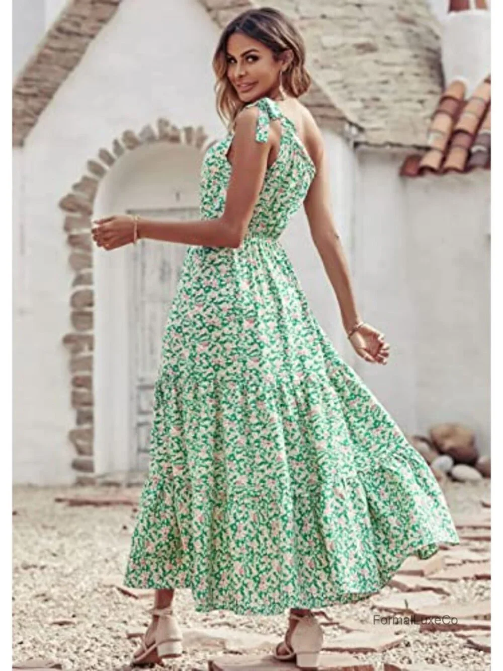 Women One Shoulder Boho Floral Maxi Dress Sleeveless Tiered A-Line Sundress